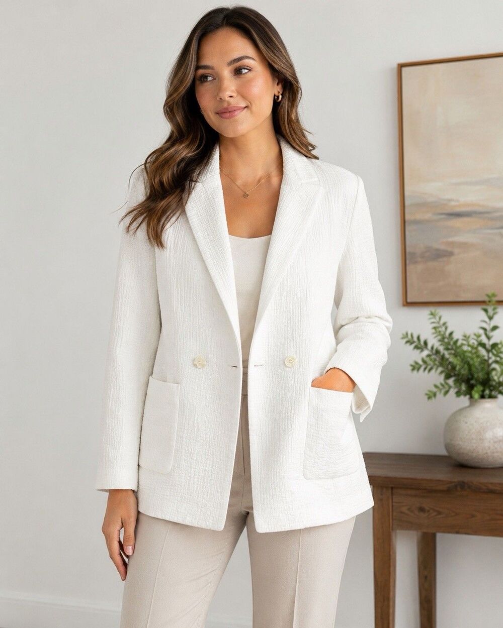Talbots White Textured Crinkle Gauze Cotton Blazer Jacket Single Button Size 10